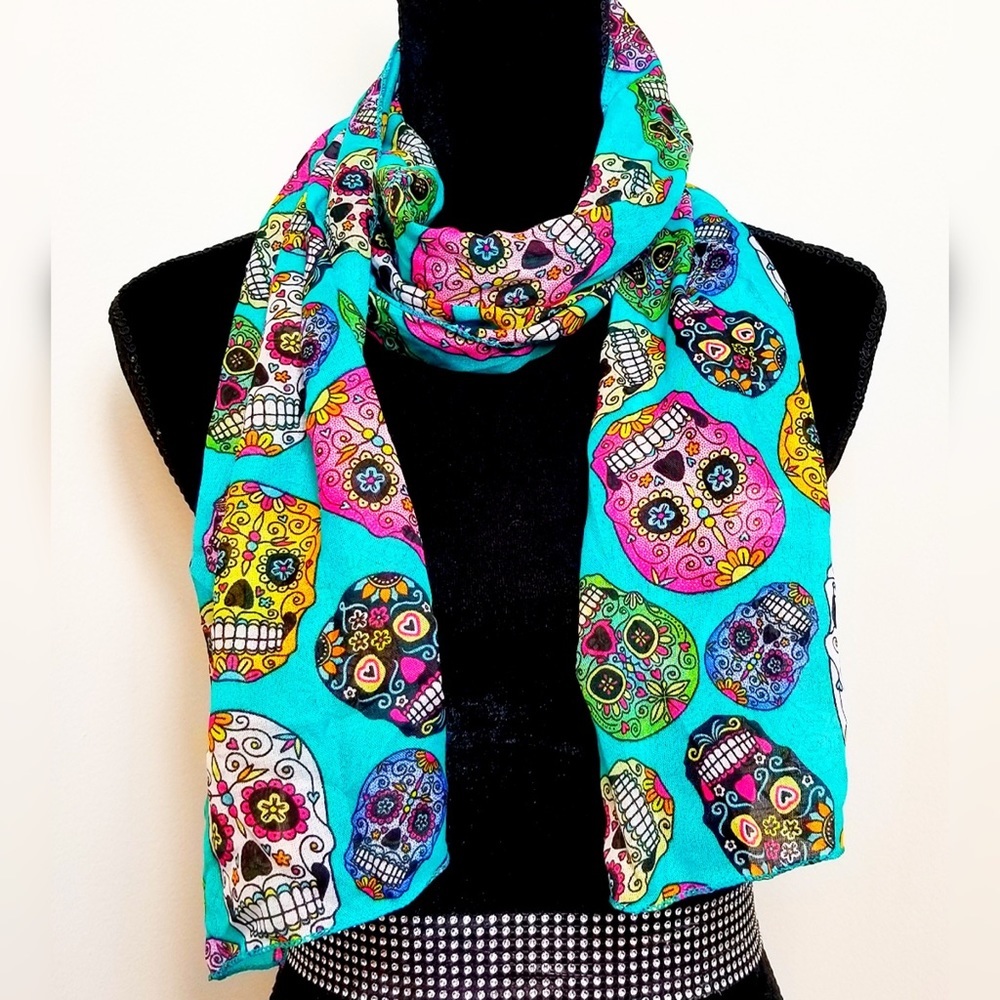 Multi COLORED SUGAR SKULLS TURQUOISE SCARF